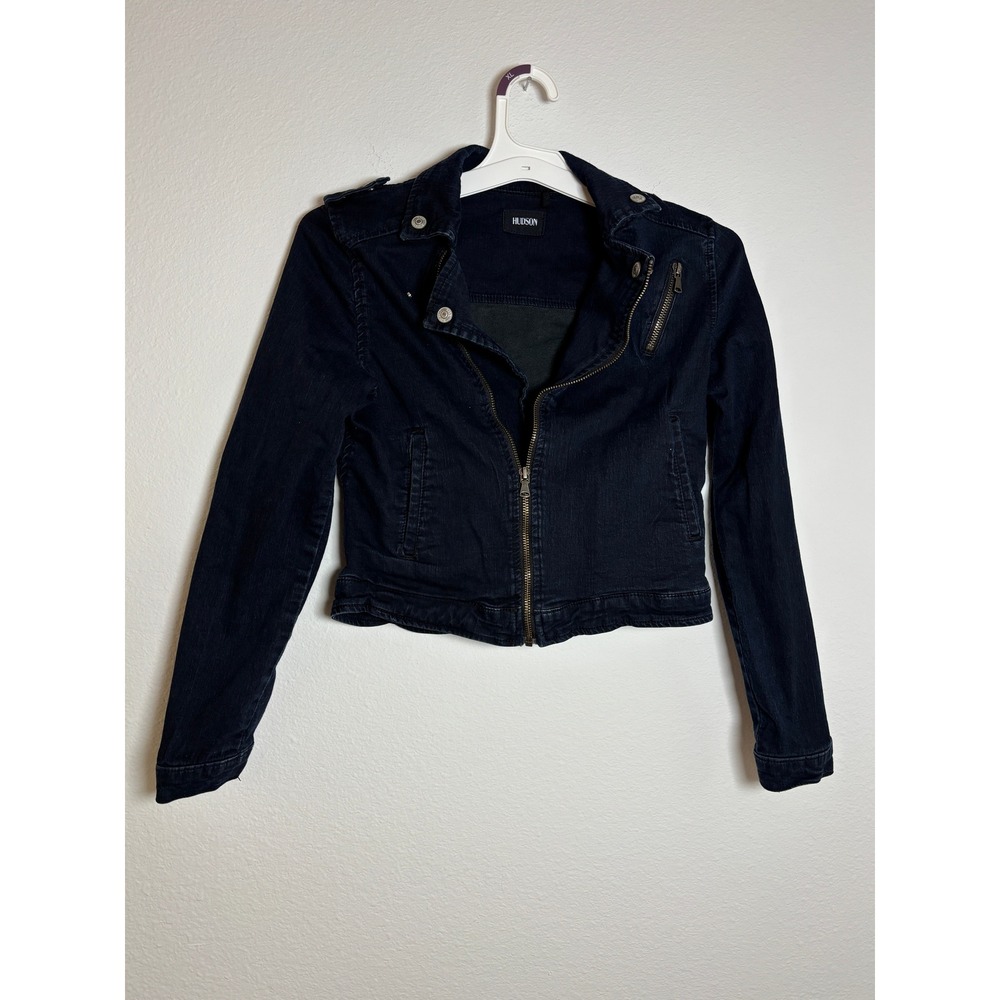 Hudson Jeans Denim Moto Jacket Dark‎ Wash Indigo Asymmetrical Zip Cropped Small
